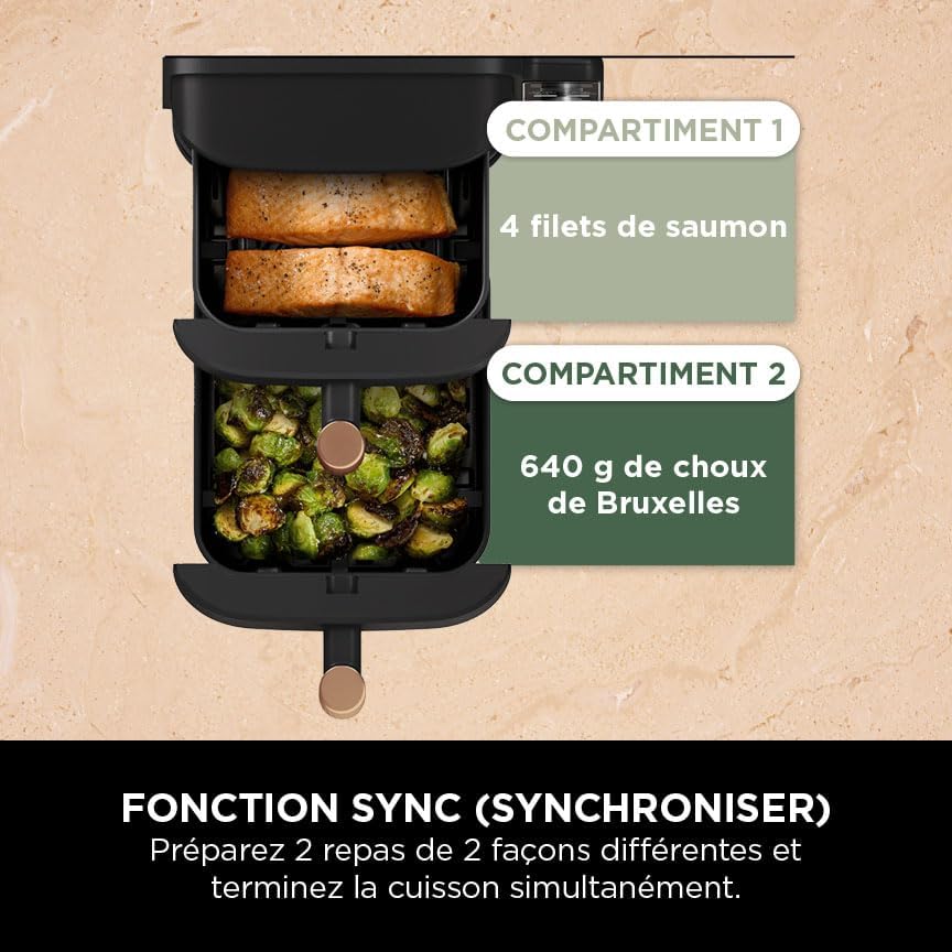 NINJA Double Stack XL Air Fryer 2 Compartiments Verticale, Compact, 4 Niveaux de Cuisson, Capacité de 9,5L, Air Fryer 6-en 1, Pièces Antiadhésives Amovibles Lavables Au Lave-Vaisselle, Noir/Cuivre