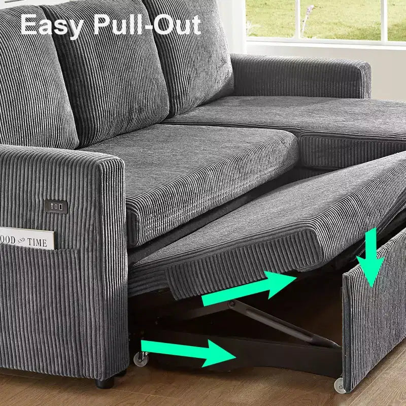 Dyonery 81 Sectional Sleeper Sofa, L-Shaped Pull Out Couch with Reversible Storage Chaise, USB, Reclining Backrest