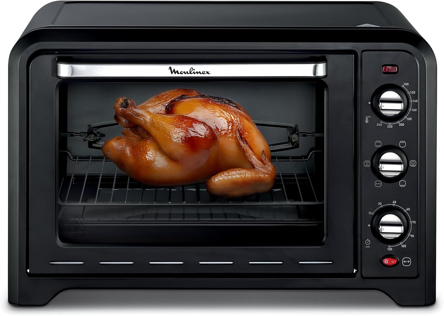 Moulinex Four électrique à chaleur tournante 60 L, 7 modes de cuisson, Tournebroche, Thermostat réglable jusqu’à 240 °C, Timer 120 minutes, 2 grilles réversibles, Optimo, Noir OX495810