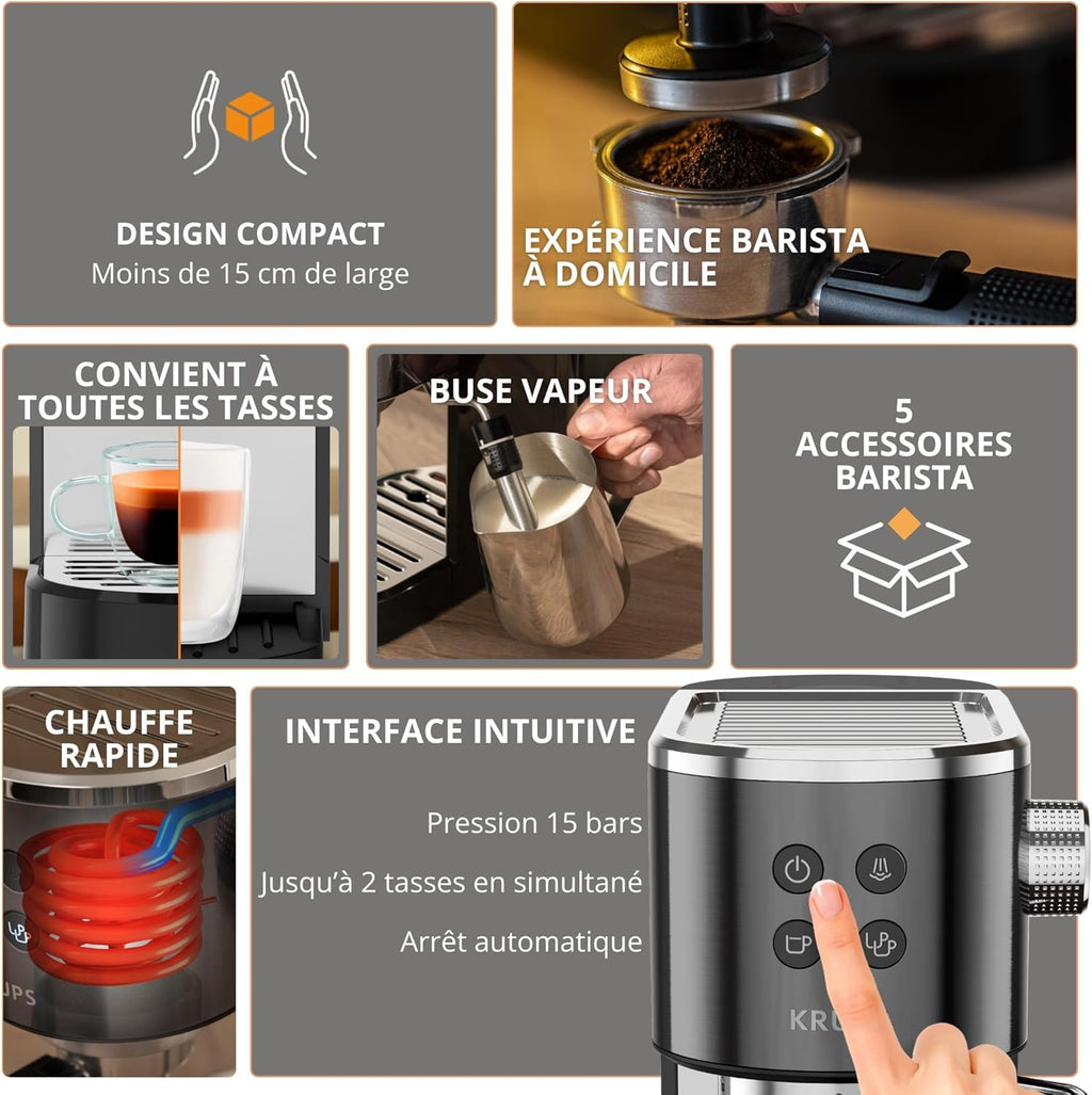 Krups Virtuoso+, Machine expresso manuelle, Café à pompe, Café moulu ou dosettes, 15 bars, Inox, Buse vapeur, Espresso et cappuccino, Noire, XP444G10