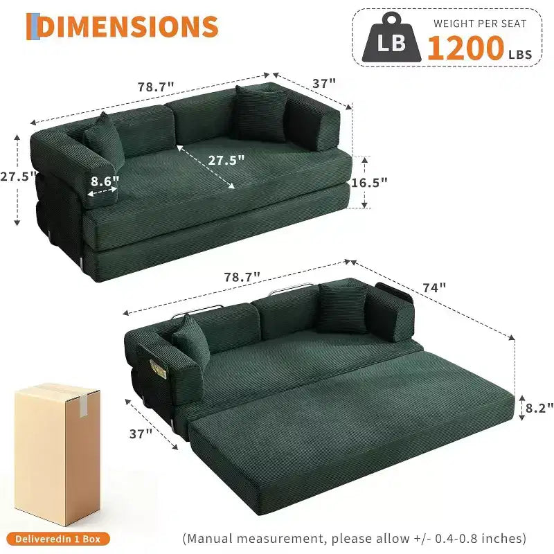 5-in-1 Convertible Sofa Bed, 78.8 Modular Corduroy Sleeper with Sturdy Frame, Multi-Functional Futon for Small Space, Living Room & Guest Room