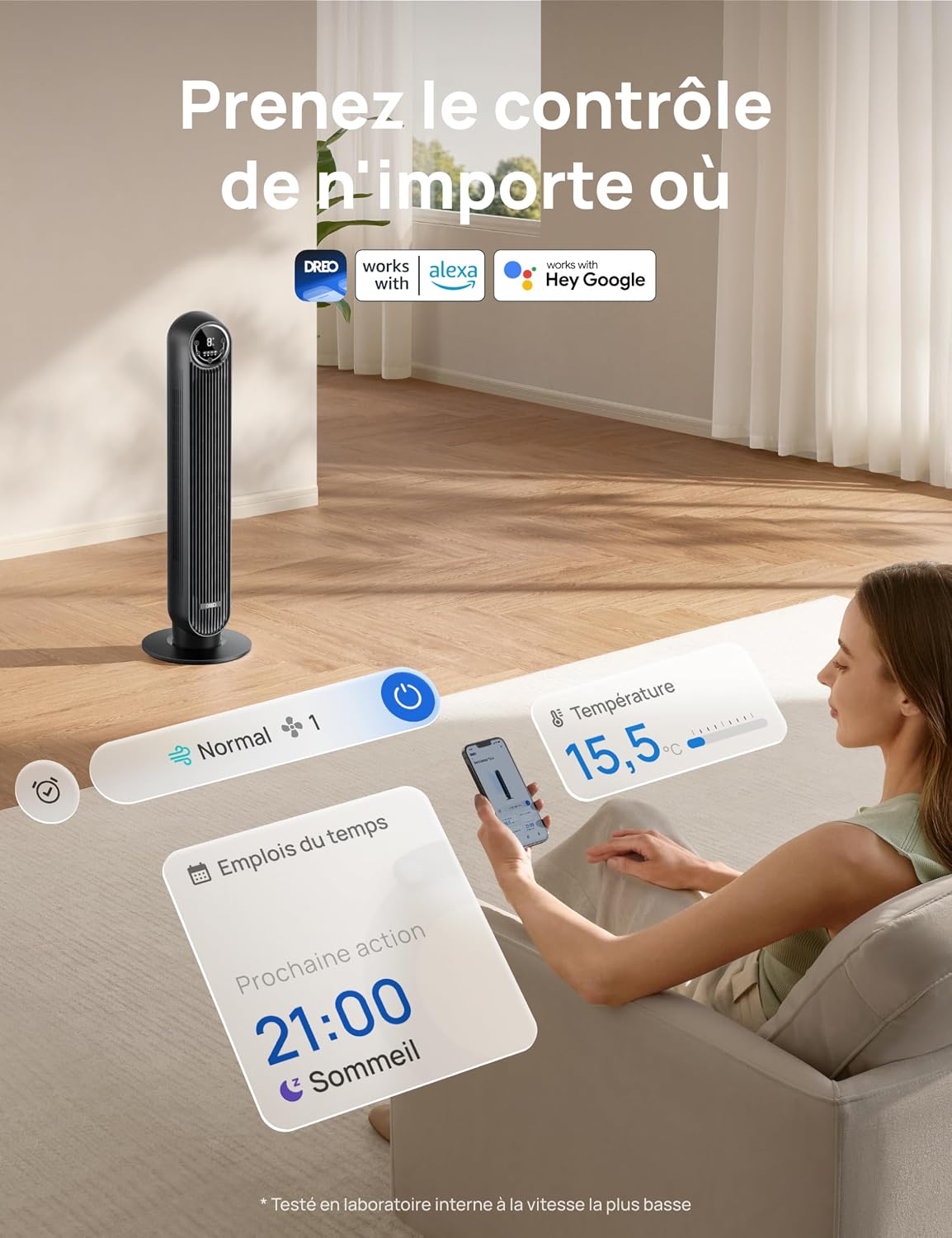 DREO Ventilateur tour intelligent avec fonction WiFi, ventilateur silencieux avec contrôle vocal et télécommande, oscillation à 90°, 4 modes, 4 vitesses, minuterie 8H, ventilateur de refroidissement