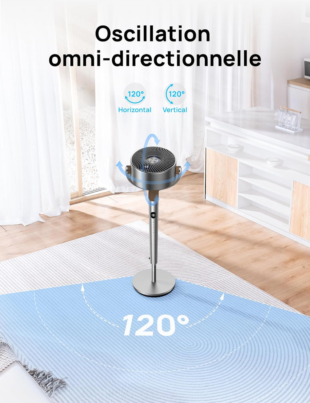 DREO 23dB ventilateur sur pied silencieux, portée de 24M, volume d'air 1200m³/h, turbo circulateur, hauteur de 102CM, 3 modes, 8 vitesses, oscillation omnidirectionnelle 120°+120°, PolyFan 502