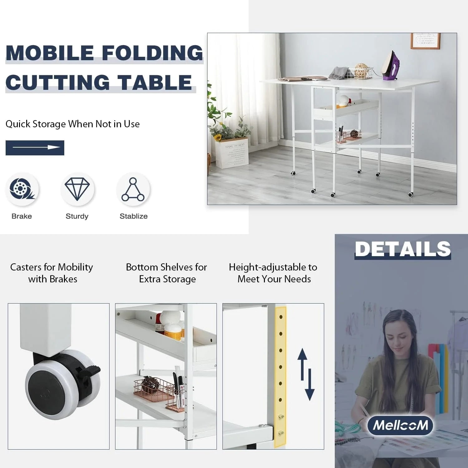 Height Adjustable Craft Table with Storage Shelves, Mobile Folding Cutting Table for Home Office Sewing Room Craft Room