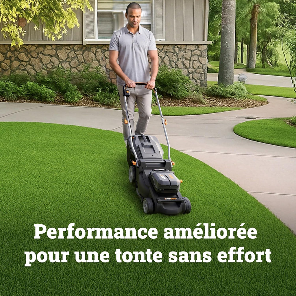 WORX Tondeuse à Gazon sans Fil 40V WG737E, Surface Max de 600 m², Lame de 37cm, Sac de 40L, Coupe jusqu'aux Bordures, 6 Hauteurs de Coupe, Livrée avec 2 Batteries 4Ah et Chargeur Double Rapide
