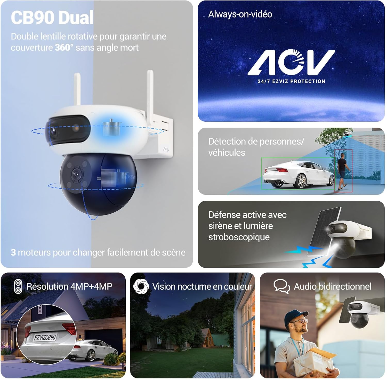 EZVIZ 8MP(4MP+4MP) Camera Surveillance WiFi Exterieure sans Fil à Double Objectif Motorisé, Camera Exterieur Solaire, Mode Always-on, Détection de Personne/Véhicule, CB90 Dual+8W Panneau Solaire