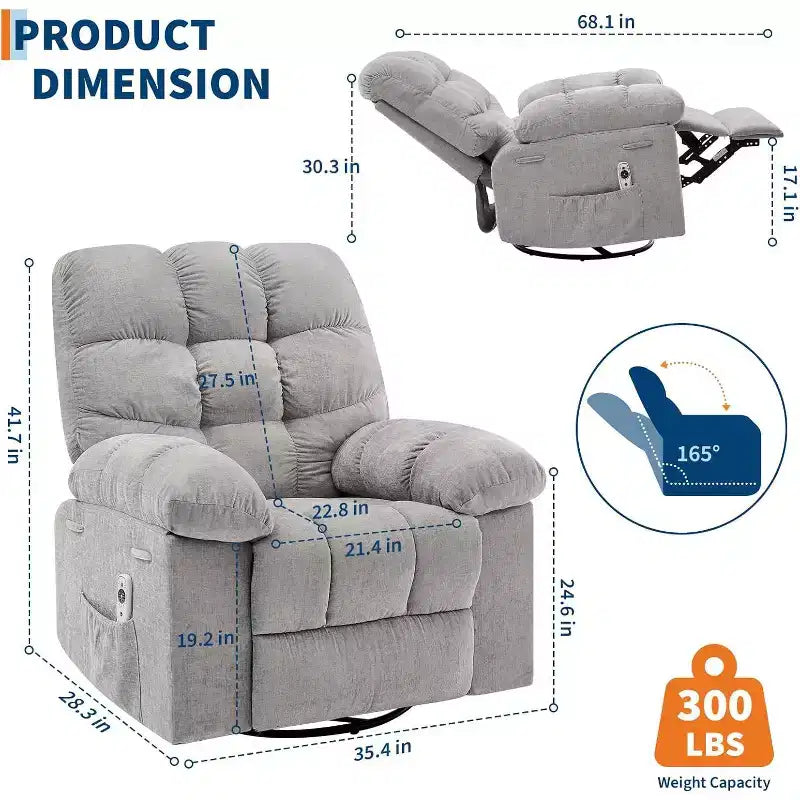 Massage Recliner Chair with Heat - 360 Swivel Rocker, Oversized Single Sofa w/ Vibration, USB & Storage Pockets for Living Room/Bedroom