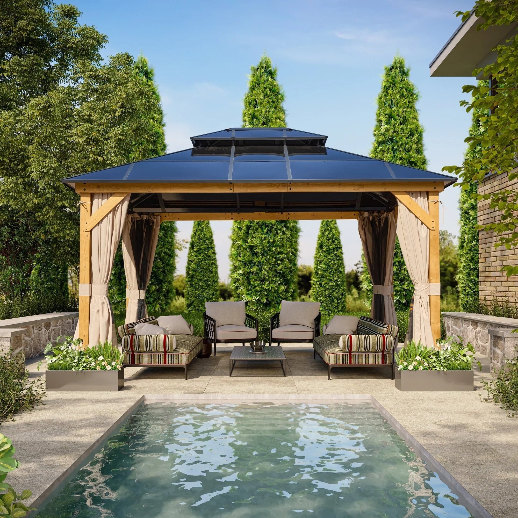 EROMMY Hardtop Gazebo,Outdoor Pergola with Double Roof & Netting & Curtains,Heavy Duty Canopy for Patio, Backyard, Pool party