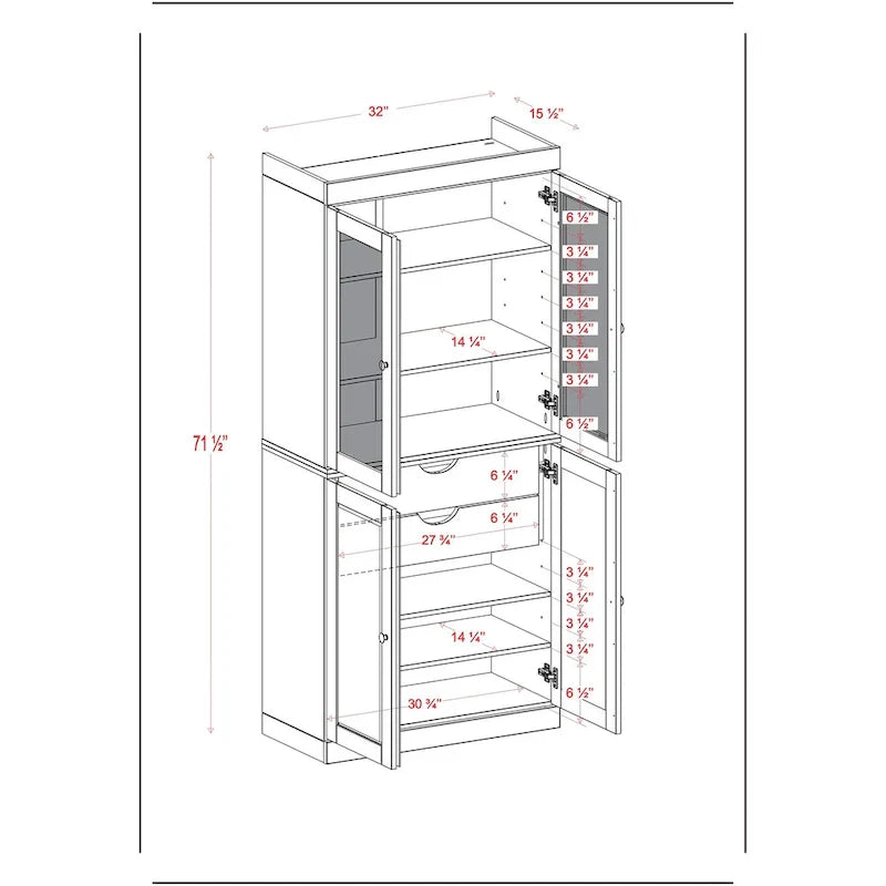 100% Solid Wood Pantry Cabinet with Frosted Glass Doors, Solid Doors, 2-Drawers and Adjustable Shelves