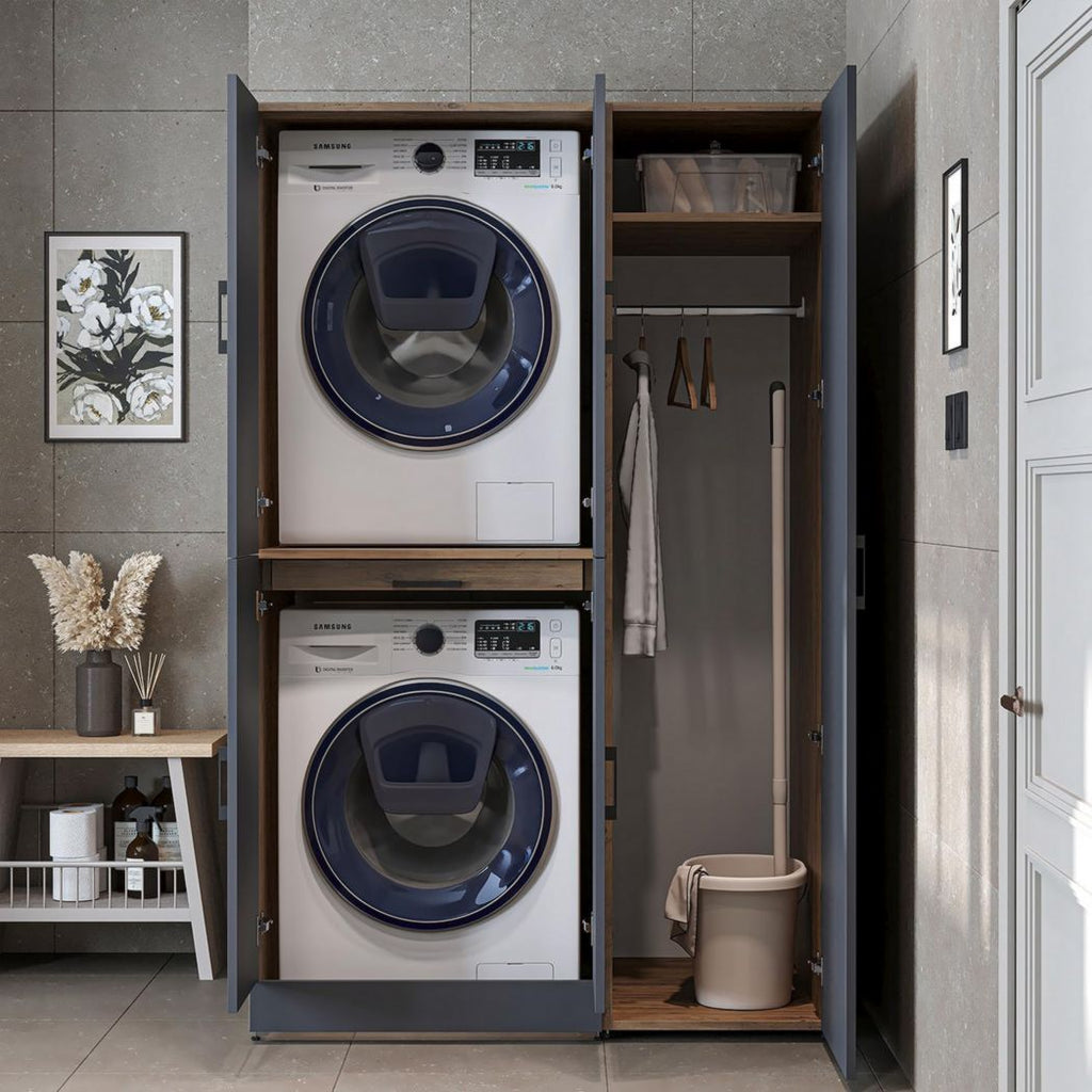 ROOMART Dora - Meuble pour machine à laver - Pour sèche-linge et machine à laver - En 4 couleurs - Avec portes et panneau coulissant - Blanc - Chêne blanc - Chêne anthracite - Chêne blanc (chêne blanc)