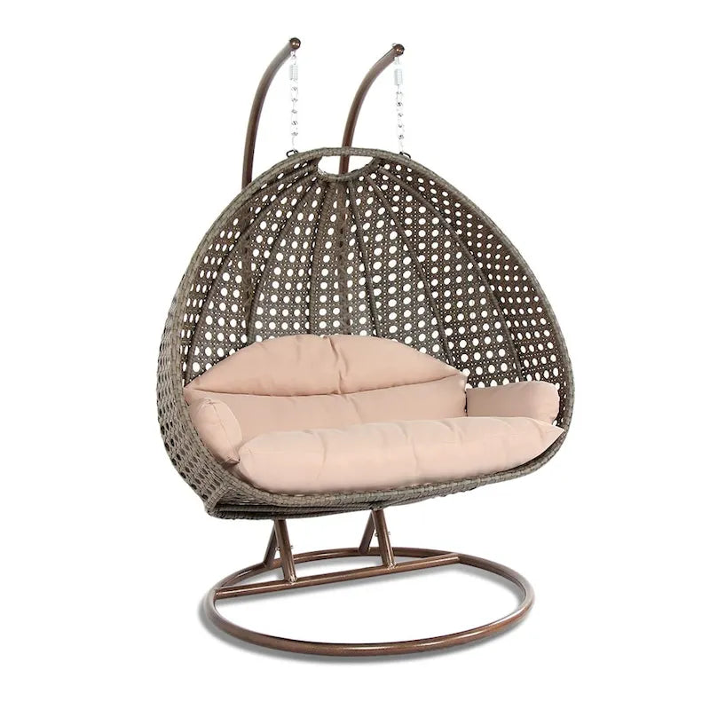 Egg-Shaped Hanging Swing Chair with Metal Stand, Wicker Frame & Cushion �C Beige / Charcoal Blue / White / Blue / Antique White / Brown / Canvas, Seats 2