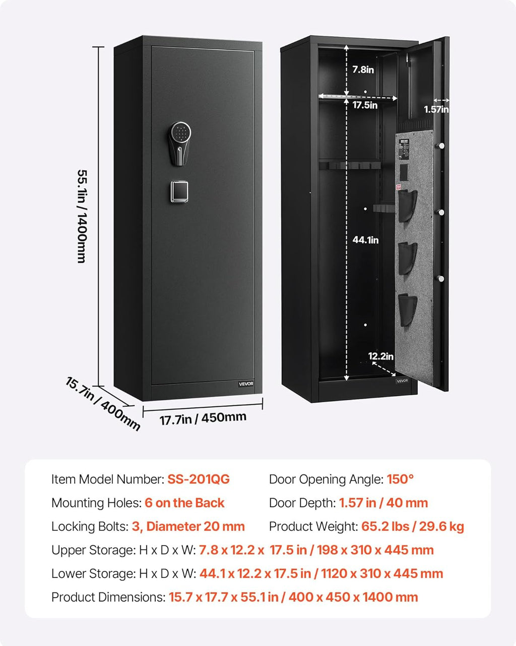 VEVOR Armoire à 8-10 Fusils, Coffre-Fort pour Armes à Feu Verrouillage par Empreinte Digitale et Mot de Passe et Clés, avec 3 Poches pour Pistolets et Supports Réglables, Accès Rapide, pour Domicile