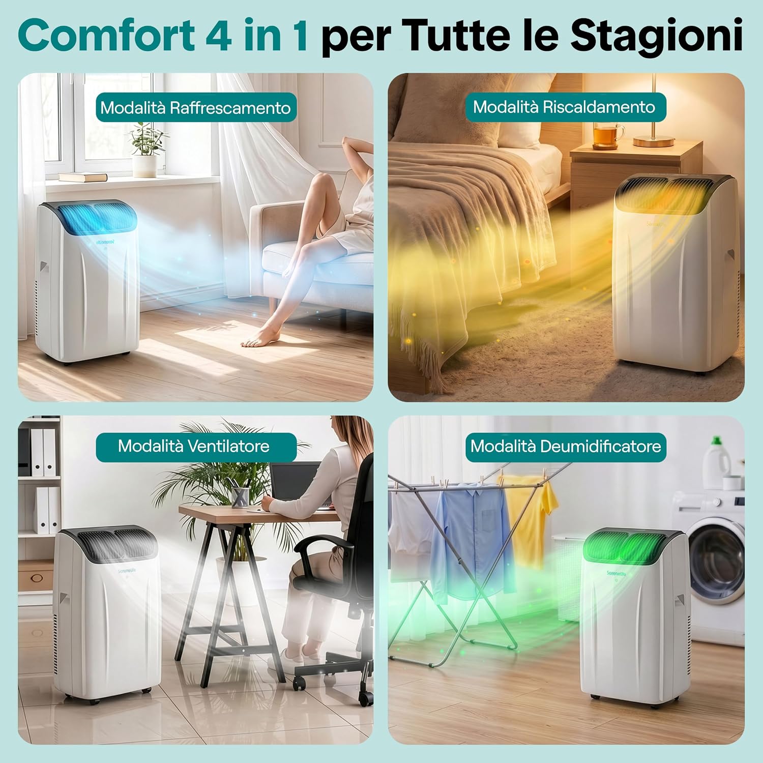 SereneLife Climatiseur Portable 14 000 BTU 4 en 1 – Clim Mobile Silencieuse avec Évacuation, Contrôle APP, Refroidissement, Chauffage, Déshumidificateur, Ventilation et Kit Fenêtre, jusqu’à 32 m²