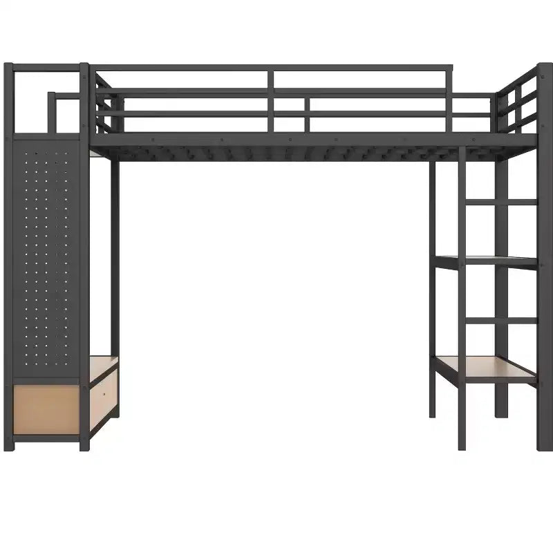 Full/Queen Size Metal Loft Bed Frame, All-In-One with Wardrobe, Storage Shelves & Pegboard, Black - ModernLuxe