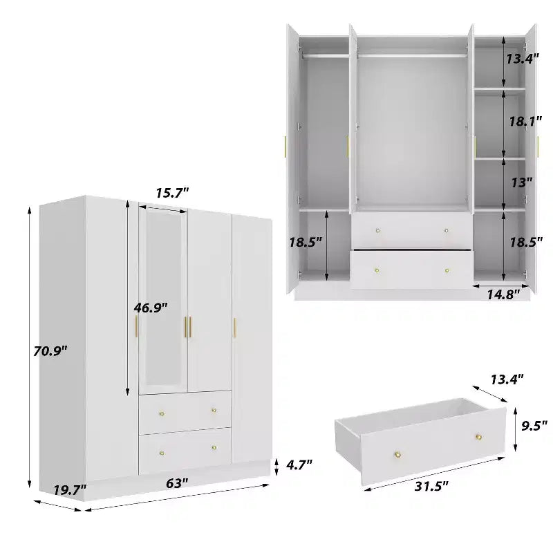 Hitow Armoire 2-Large Drawer Center Hanging Area with Mirror Minimalist Style