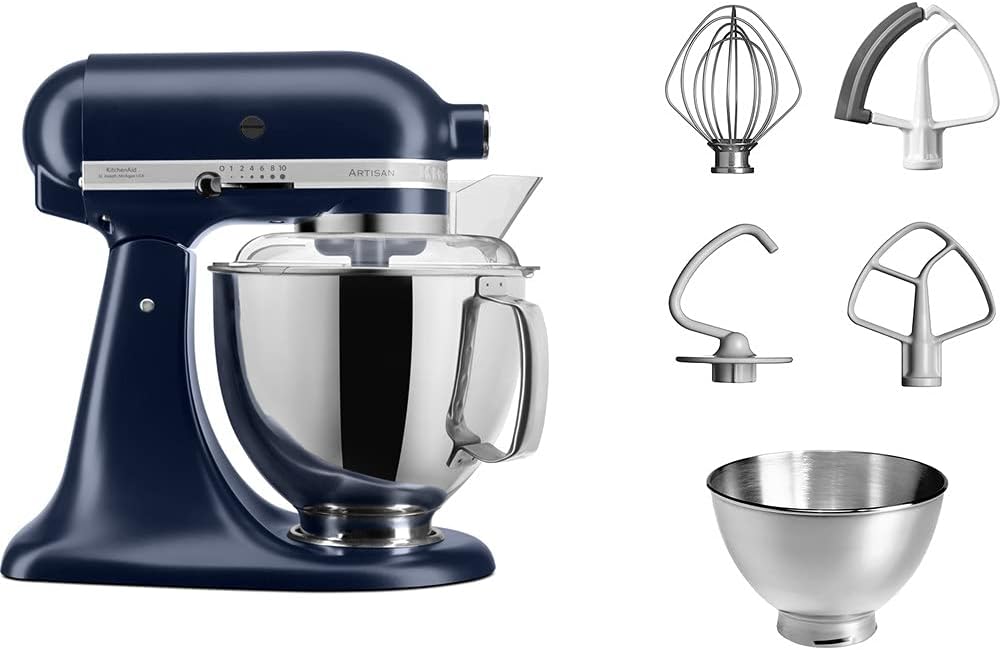 KitchenAid Robot Pâtissier - Artisan - Robot cuisine multifonctions à tête inclinable - Batteur avec 5 accessoires et 2 bols inox de 4,8 et 3 L - Bleu encre