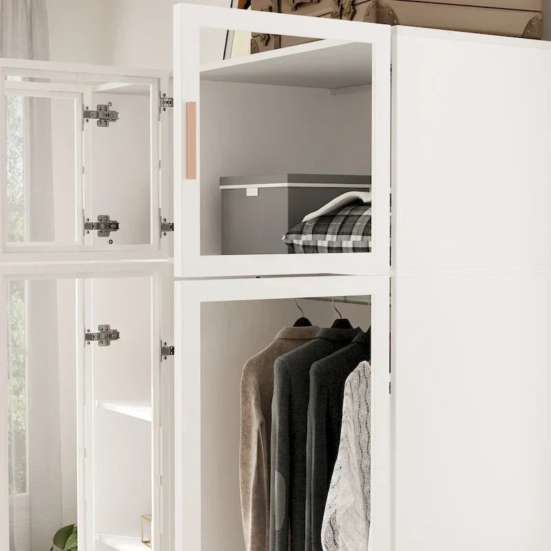 47.2 Wide Armoire LED Light All Glass Door Closet Cabinet Wardrobe