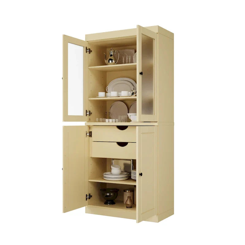 100% Solid Wood Pantry Cabinet with Frosted Glass Doors, Solid Doors, 2-Drawers and Adjustable Shelves