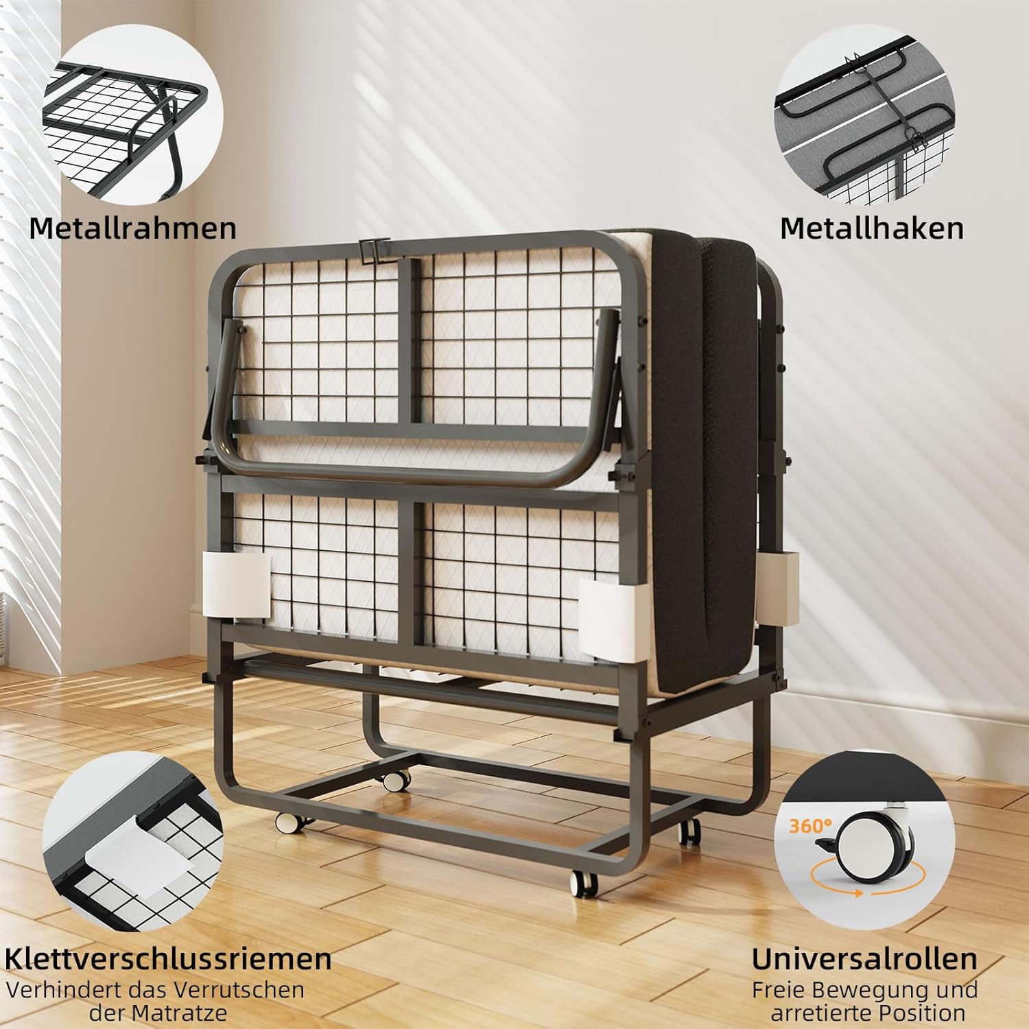 CAIYUN lit pliant 1 personne 80 × 190 cm avec matelas mousse 13 cm, sommier à lattes métal, 4 roulettes, charge 200 kg