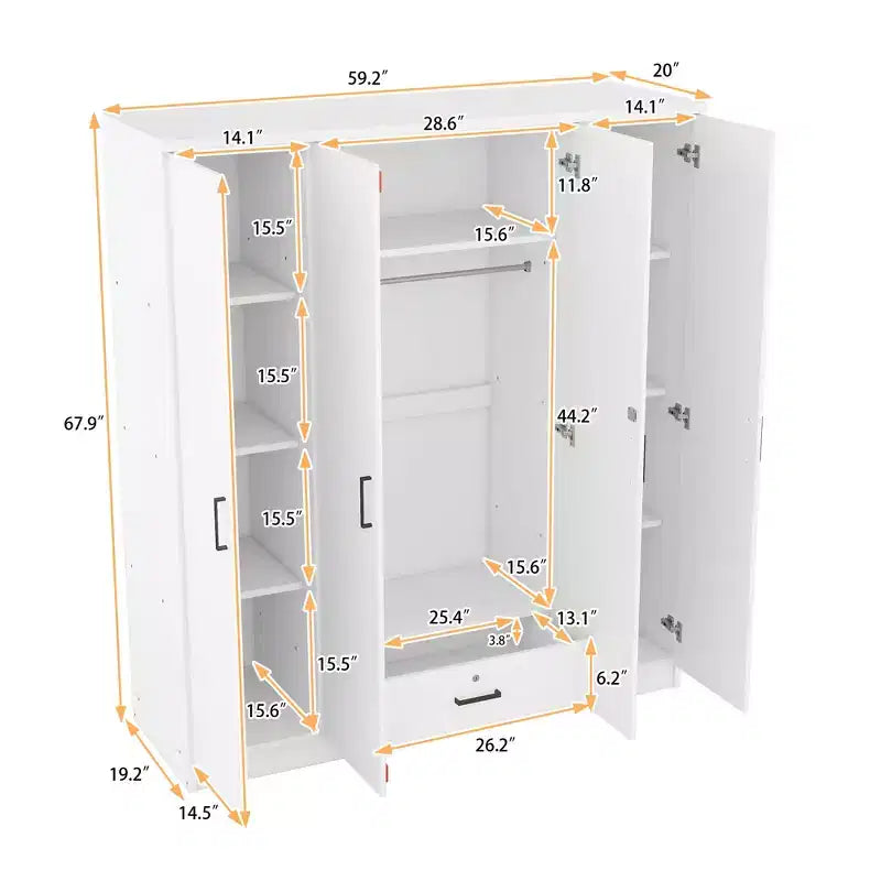 Whisen Wood 4-Door Wardrobe Armoire with Hanging Rod, 1-Drawer and Storage Shelves