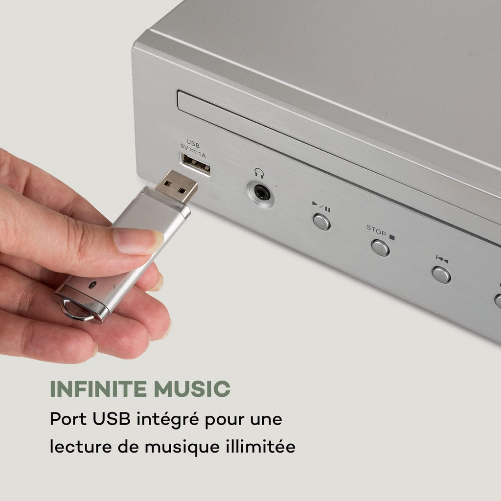 AUNA iTuner CD Récepteur HiFi - Tuner Internet Radio, Tuner HiFi, Radio FM, Dab+, Lecteur CD, Connexions Multiples, WiFi, Spotify Connect, UNDOK, USB - no Bluetooth, Argent