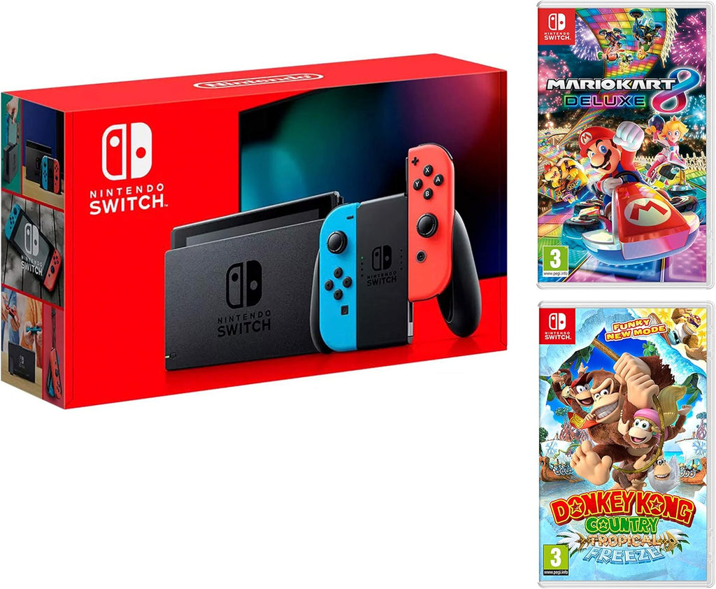 Nintendo Switch Console Rouge/Bleu Néon 32Go Pack + Mario Kart 8 Deluxe + Donkey Kong: Tropical Freeze