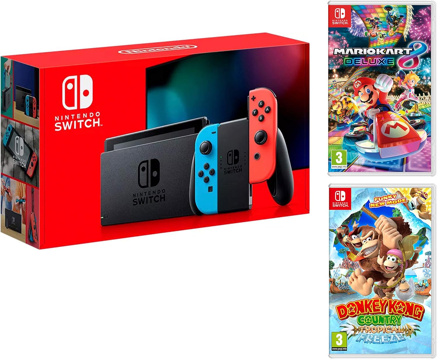 Nintendo Switch Console Rouge/Bleu Néon 32Go Pack + Mario Kart 8 Deluxe + Donkey Kong: Tropical Freeze