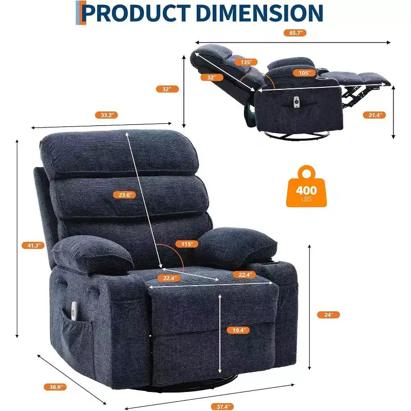 Massage Rocker Recliner with Heating, 360 Swivel Glider Recliner Chairs for Adults, Linen Nursery Chair with Side Pocket, Two Cup Holders