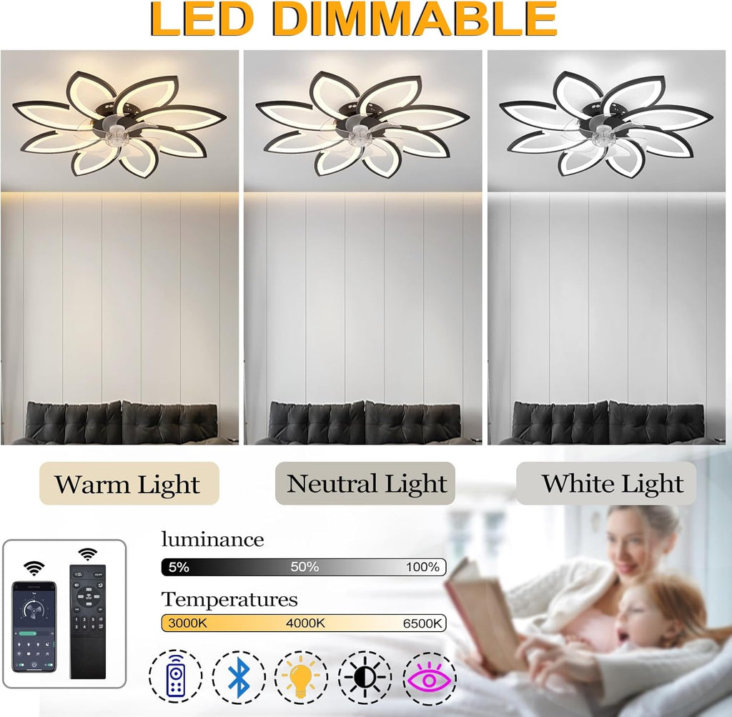 YUNZI Sourdine Ventilateur de Plafond avec lumière avec télécommande, LED Dimmable Lampe de Plafond Moderne Ventilateur de Plafond pour Salon Chambre à Coucher, Réglable 6 Vitesses, Blanc 90CM