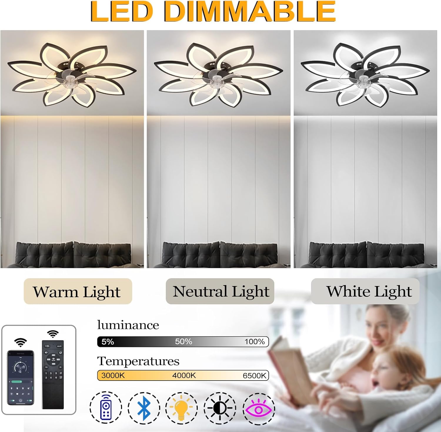 YUNZI Sourdine Ventilateur de Plafond avec lumière avec télécommande, LED Dimmable Lampe de Plafond Moderne Ventilateur de Plafond pour Salon Chambre à Coucher, Réglable 6 Vitesses, Blanc 90CM