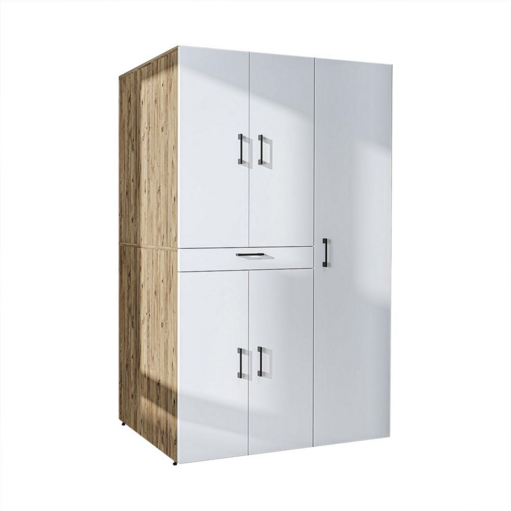 ROOMART Dora - Meuble pour machine à laver - Pour sèche-linge et machine à laver - En 4 couleurs - Avec portes et panneau coulissant - Blanc - Chêne blanc - Chêne anthracite - Chêne blanc (chêne blanc)