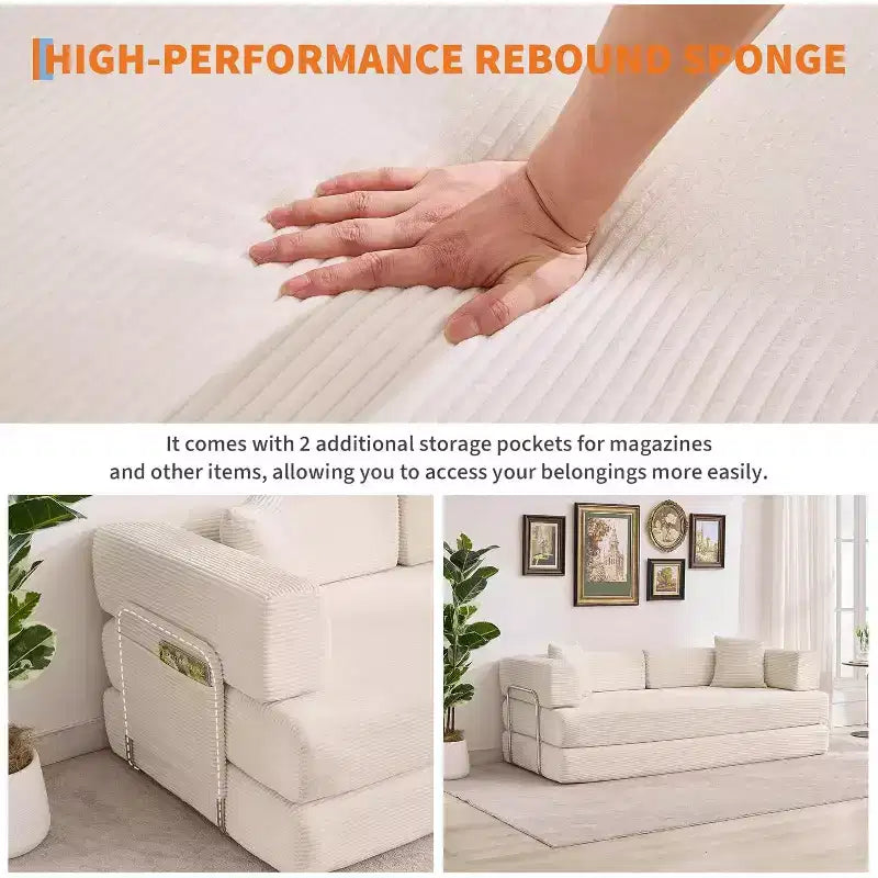5-in-1 Convertible Sofa Bed, 78.8 Modular Corduroy Sleeper with Sturdy Frame, Multi-Functional Futon for Small Space, Living Room & Guest Room