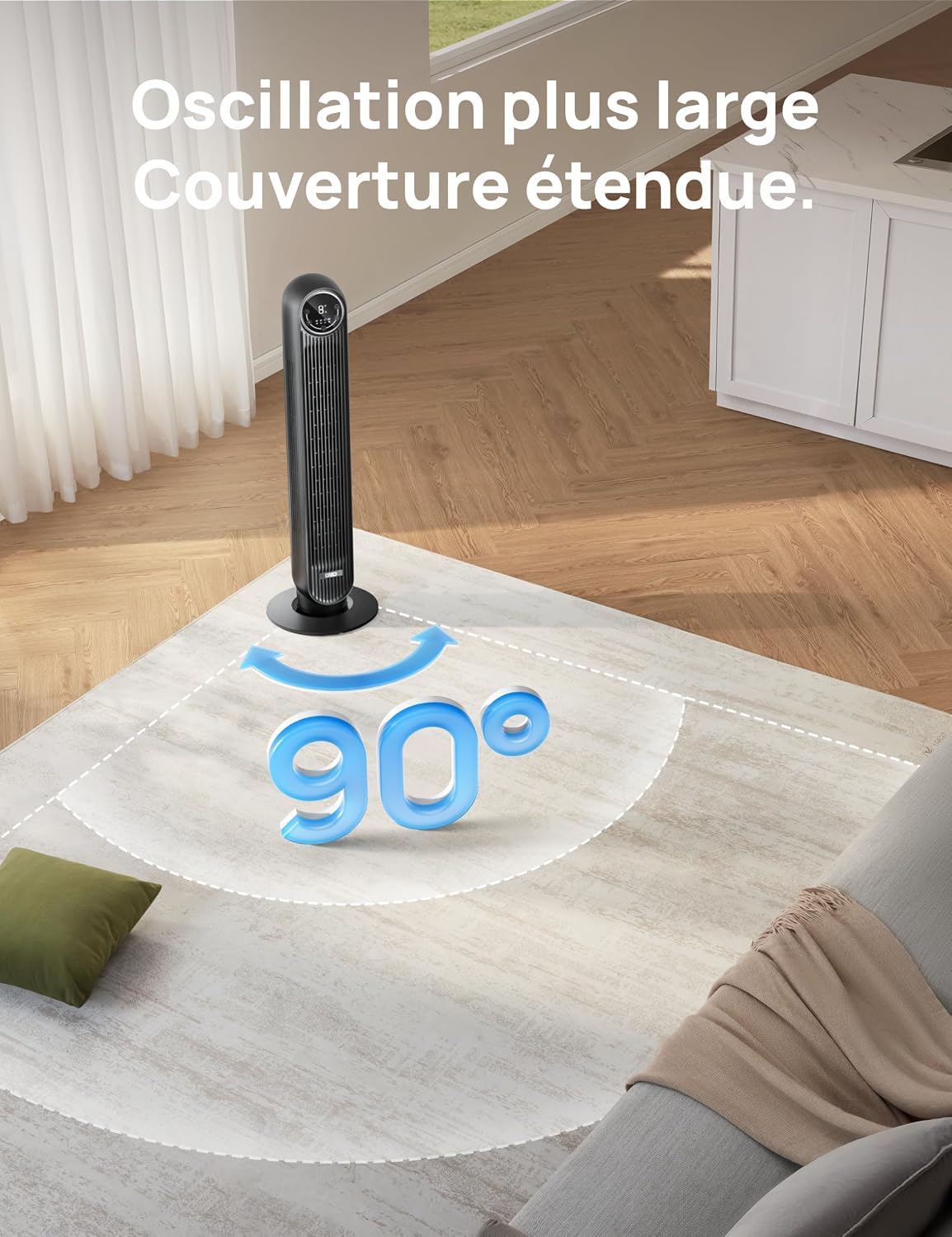 DREO Ventilateur tour intelligent avec fonction WiFi, ventilateur silencieux avec contrôle vocal et télécommande, oscillation à 90°, 4 modes, 4 vitesses, minuterie 8H, ventilateur de refroidissement