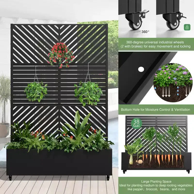 MAYEERTY Planter Box with Trellis Iron Black Parallel Line 01 Louvered Classic Combined Style 72x47x16in 3-Piece Set