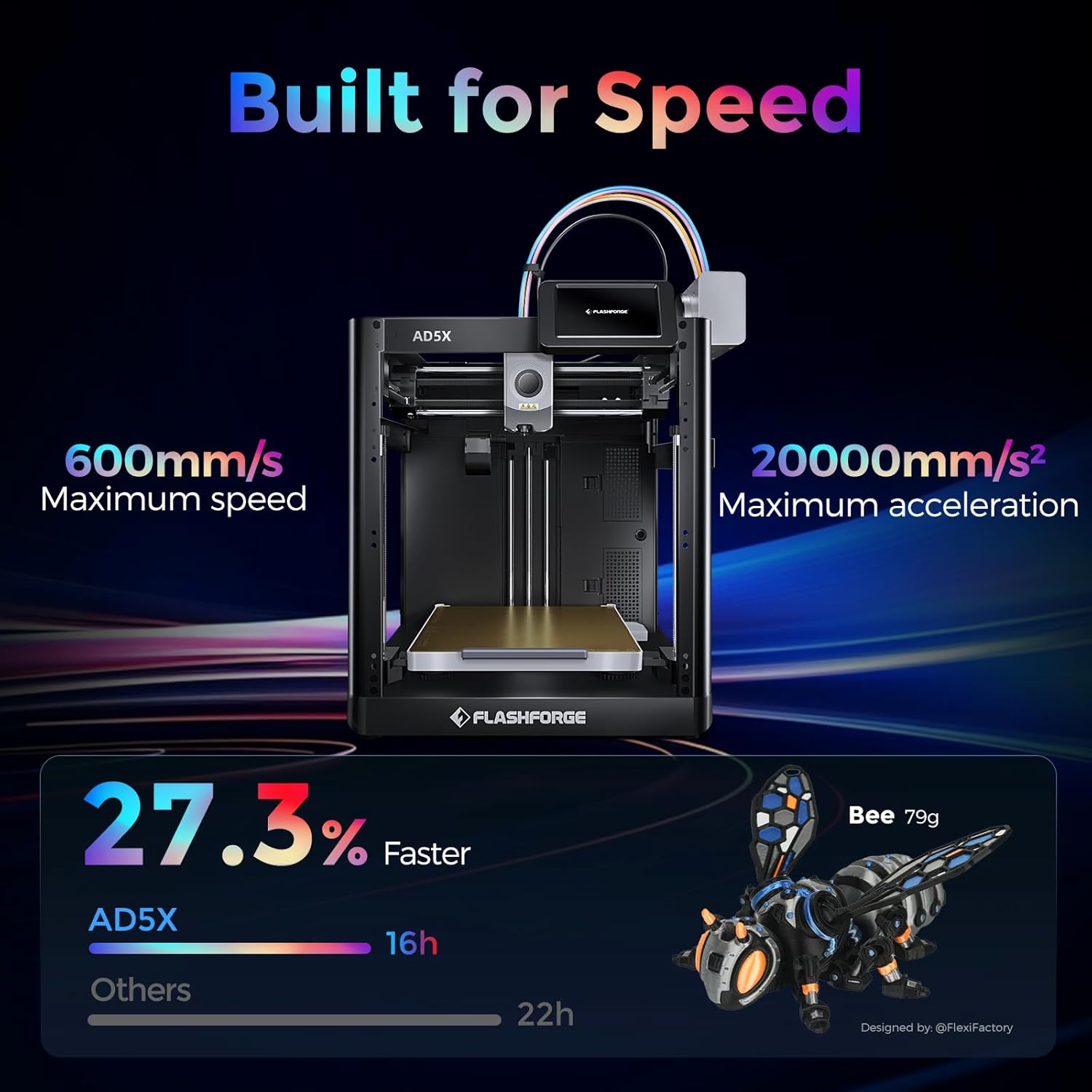 Imprimante 3D Flashforge Adventurer 5X avec Impression Multicolore, Personnalisation avec IFS, Imprimante 3D AD5X Multi-matériaux/Nivellement Entièrement Automatique, Vitesse Maximale : 600 mm/s
