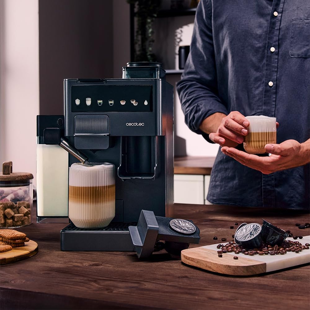 Cecotec Cafetière à Capsules Freestyle Grind & Latte. 1400W, 20 Bars, Multi-capsules, Café en Grains 40g, Moulin Conique, Réservoir d'Eau 1,6L, 300ml Lait, Thermoblock, Écran Tactile, Nettoyage Auto