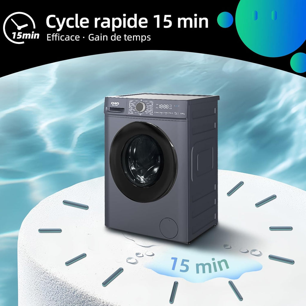 CHiQ CW07123863AX Lave linge hublot - 7kg, Classe énergétique A, Moteur BLDC 1200 RPM, Lavage vapeur & rapide, 15 programmes, Design compact (60x46.5x84cm) - Gris