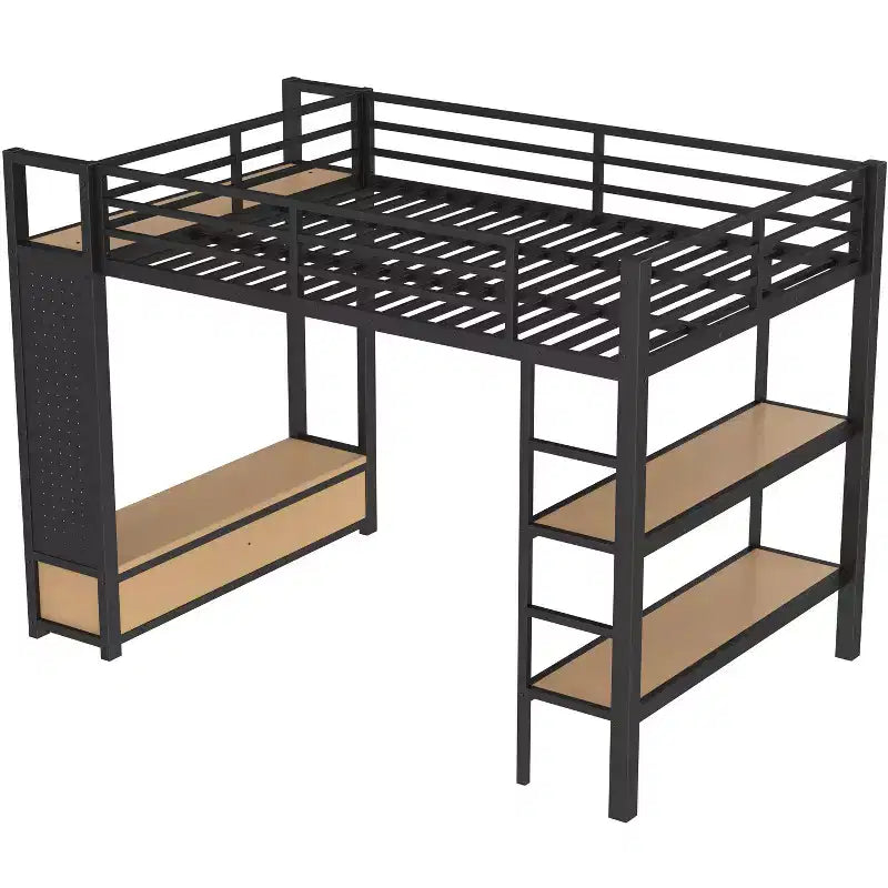 Full/Queen Size Metal Loft Bed Frame, All-In-One with Wardrobe, Storage Shelves & Pegboard, Black - ModernLuxe