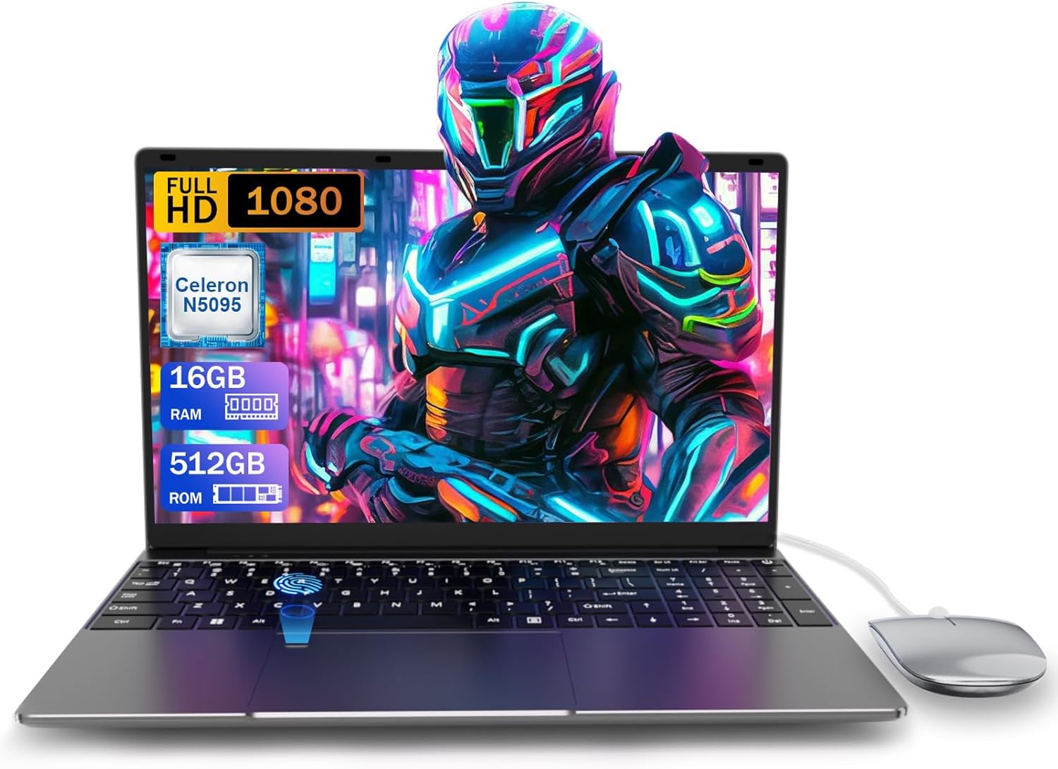 PC Portable Ordinateur 16 Go RAM LPDDR4 512 Go SSD 15,6 Pouces UHD Celeron N5095 Processeur Computer avec Touch ID WiFi5 Bluetooth 4.0 USB 3.0(Film de Clavier Inclus)