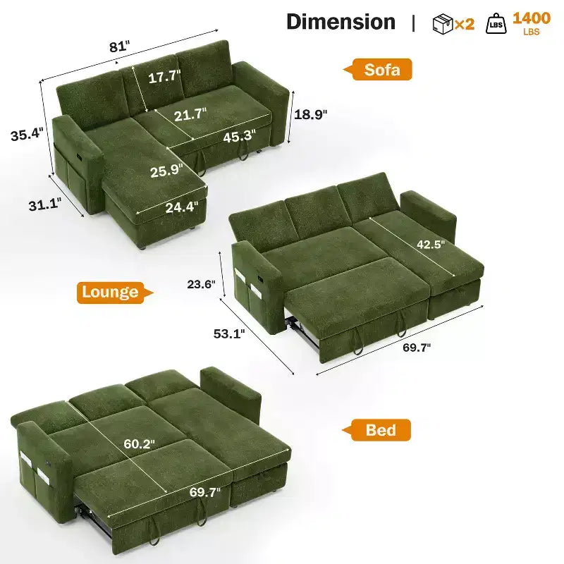 Dyonery 81 Sectional Sleeper Sofa, L-Shaped Pull Out Couch with Reversible Storage Chaise, USB, Reclining Backrest