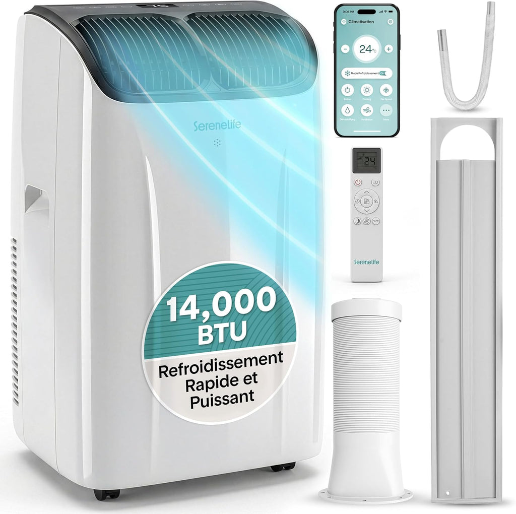SereneLife Climatiseur Portable 14 000 BTU – Clim Mobile 3 en 1 Silencieuse avec WiFi, Déshumidificateur, Ventilation, Télécommande et Kit Fenêtre, Contrôle APP, Minuterie 24 h