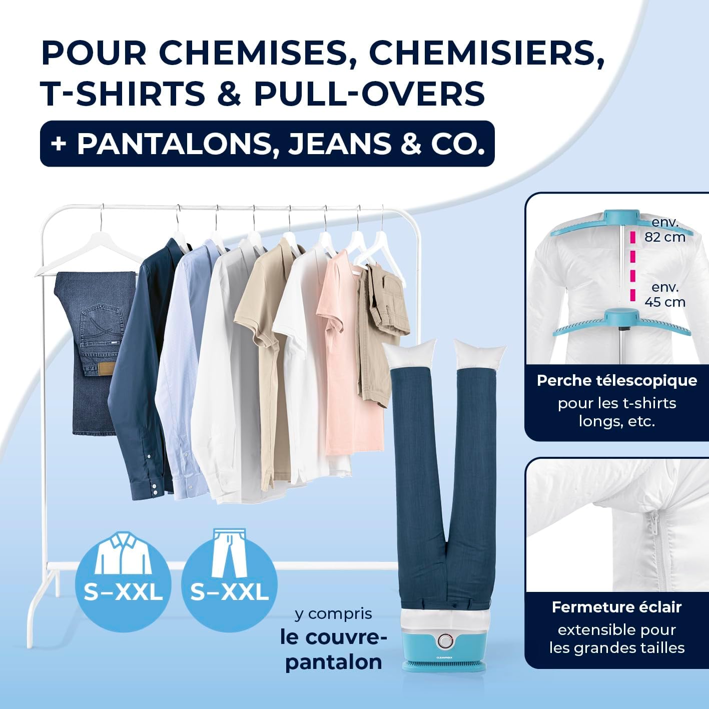 CLEANmaxx Appareil de repassage automatique de chemises avec accessoire pour pantalons | Idéal pour chemises, chemisiers & pantalons | Séchage doux et infroissable en quelques minutes