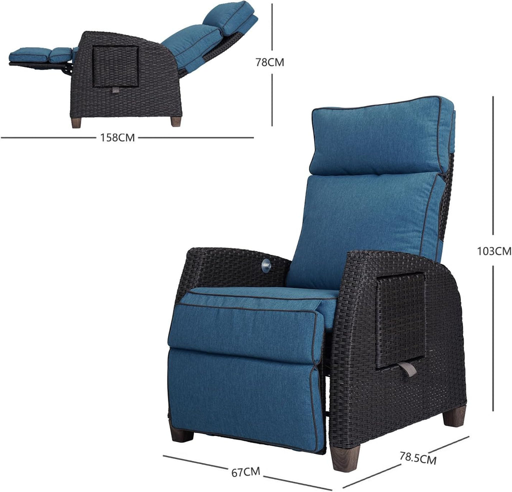 Grand patio Chaise longue inclinable à position réglable avec table rabattable et coussin pour jardin, cour, terrasse, extérieur – Coussin bleu paon et osier marron