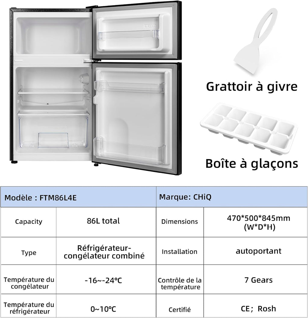 CHIQ Réfrigérateur congélateur en haut Réfrigérateur congélateur - 86 L (61/25L) - Portes réversibles, Congélateur 4 étoiles, Machine à glaçons, Garantie compresseur 12 ans, Classe E