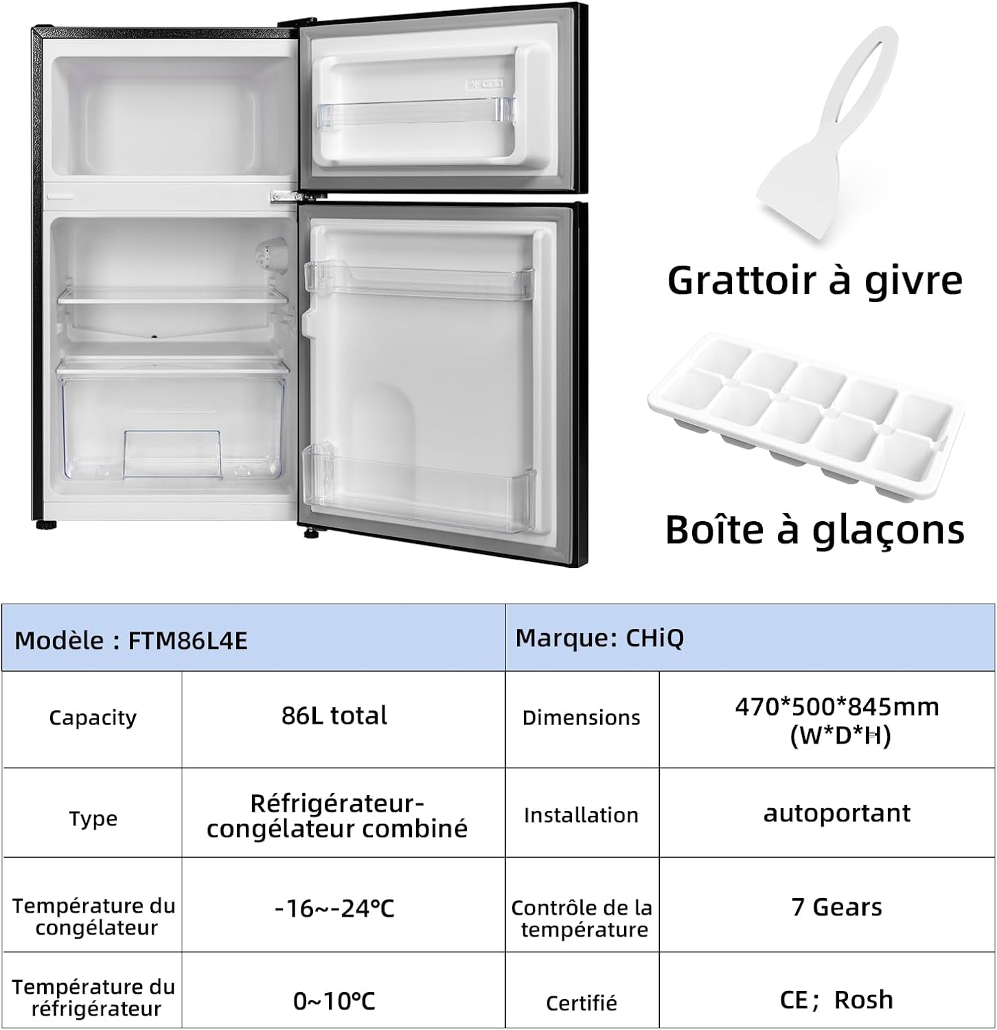 CHIQ Réfrigérateur congélateur en haut Réfrigérateur congélateur - 86 L (61/25L) - Portes réversibles, Congélateur 4 étoiles, Machine à glaçons, Garantie compresseur 12 ans, Classe E