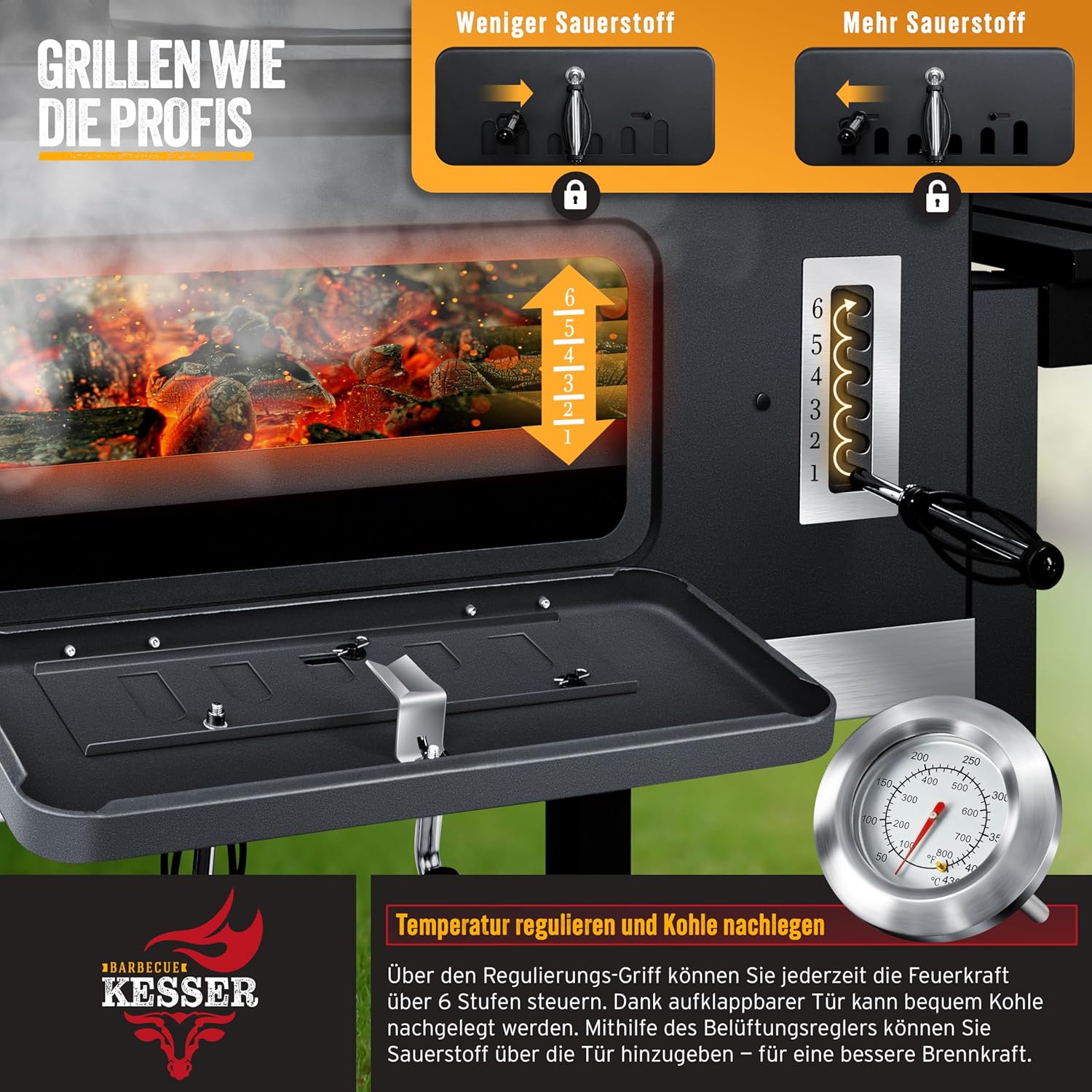 KESSER® Chariot à Barbecue , Grill XXL à Charbon de Bois avec Couvercle, Roues, poignée en Acier Inoxydable, Grille et thermomètre , Grand Barbecue au Charbon de Bois