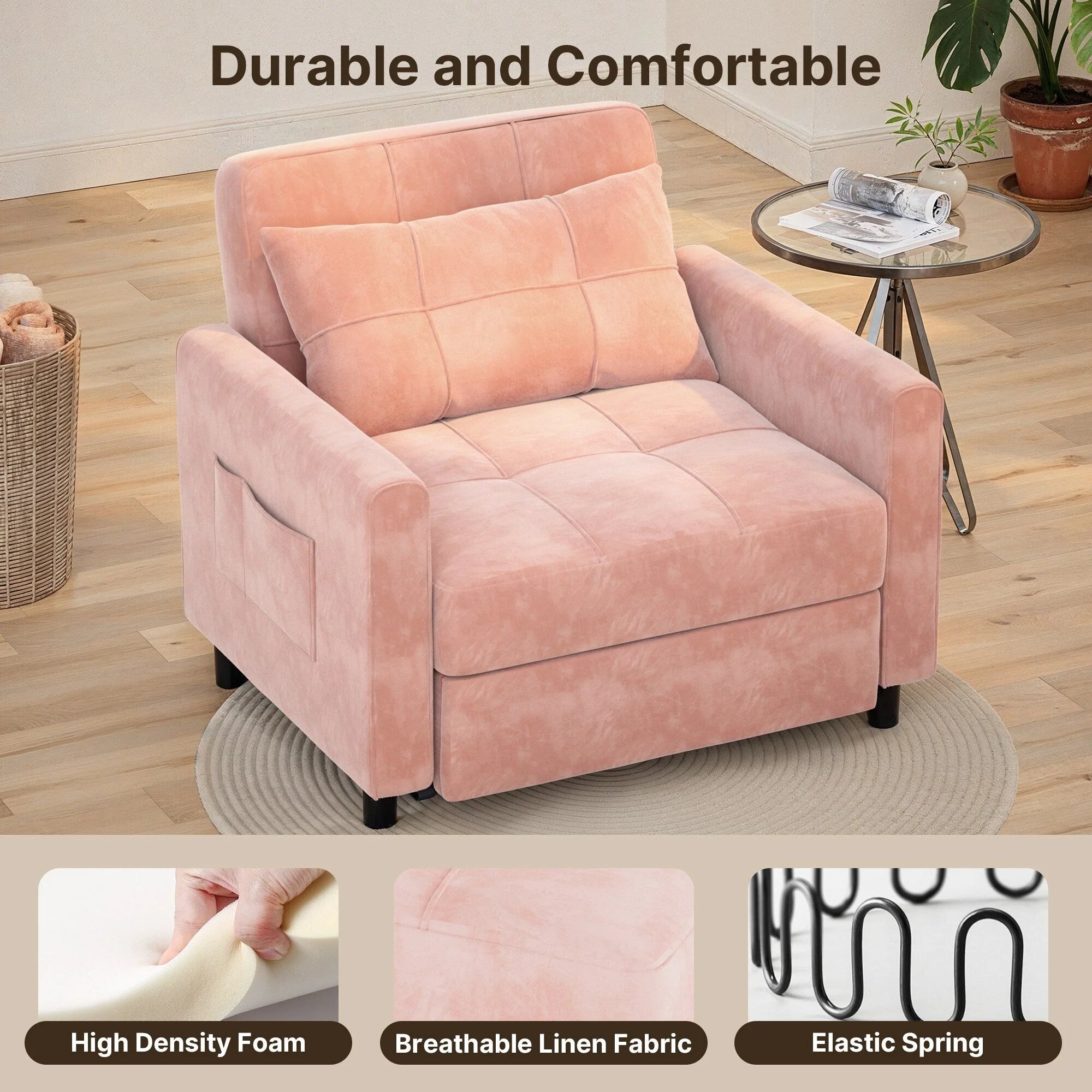 3-in-1 Adjustable Sleeper Sofa Bed, Pull Out Chair Sofa, Convertible Folding Bed for Living Room