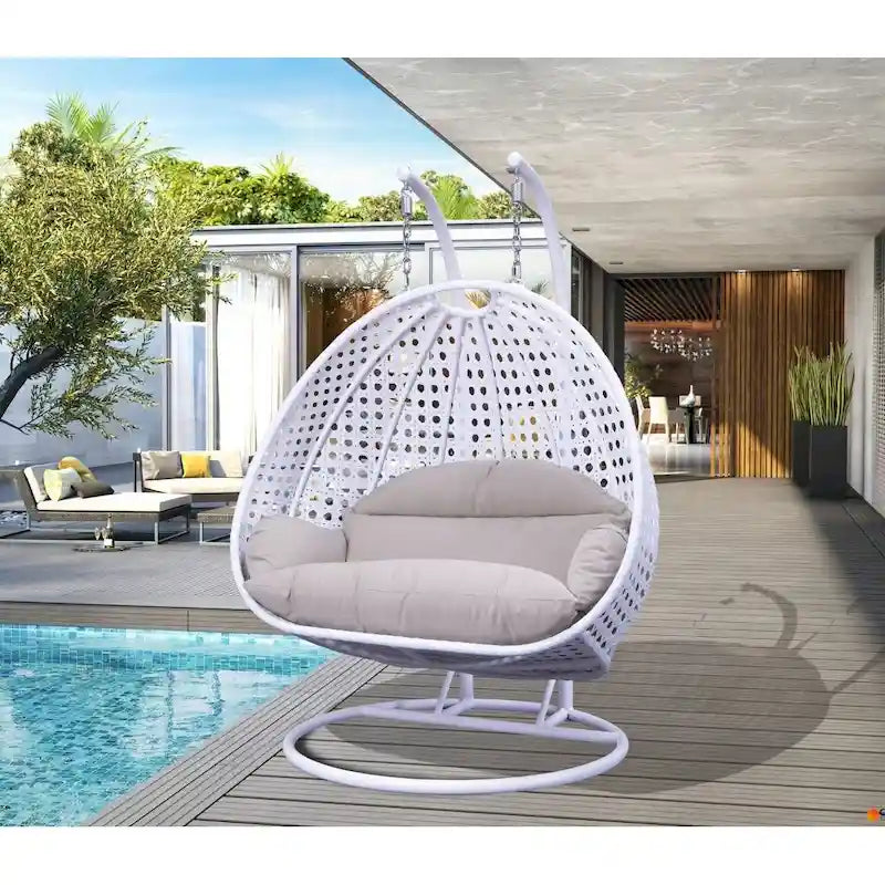 Egg-Shaped Hanging Swing Chair with Metal Stand, Wicker Frame & Cushion �C Beige / Charcoal Blue / White / Blue / Antique White / Brown / Canvas, Seats 2