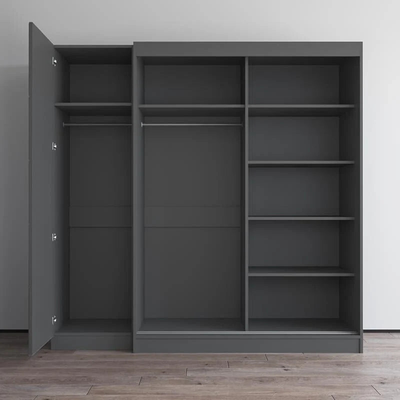 2-Door Wardrobe with Mirror, Glass Front, 2-Person (Gray / Black / White)