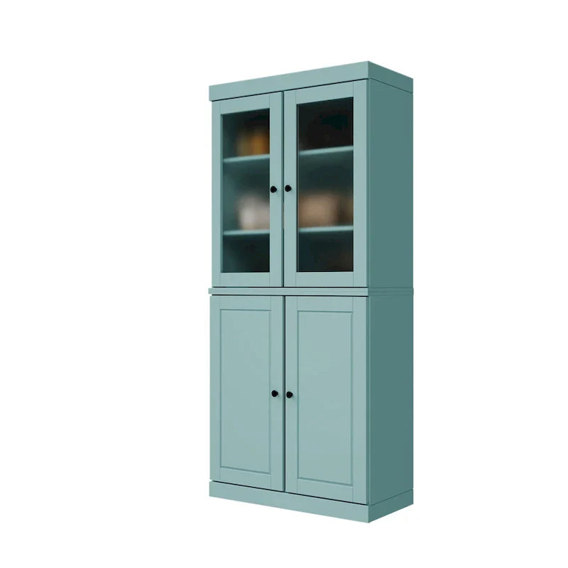 100% Solid Wood Pantry Cabinet with Frosted Glass Doors, Solid Doors, 2-Drawers and Adjustable Shelves